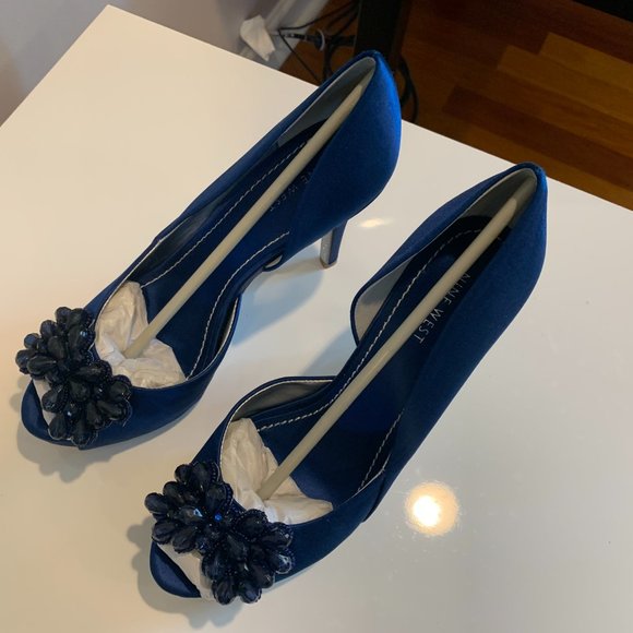 NWT Nine West Gorgeous Blue Peep Toe Platform Pumps in original box, size 10 M - Picture 2 of 15